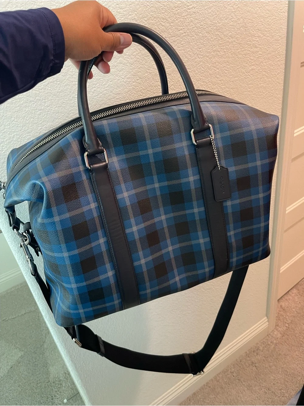 Coach Voyager Blue Plaid Men’s Duffel Bag coated canvas with leather trims